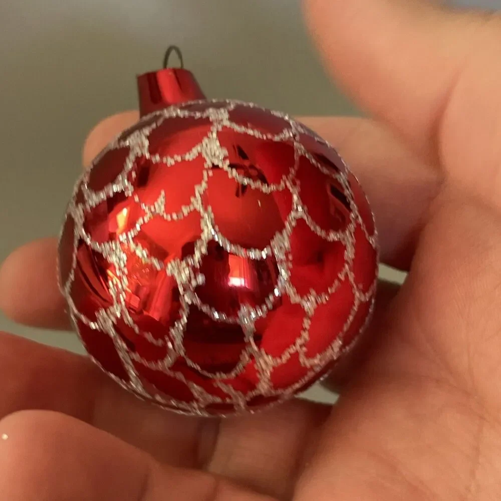 Vintage Hand Painted Blown Glass Red Ball Scalloped Glitter Christmas Ornament